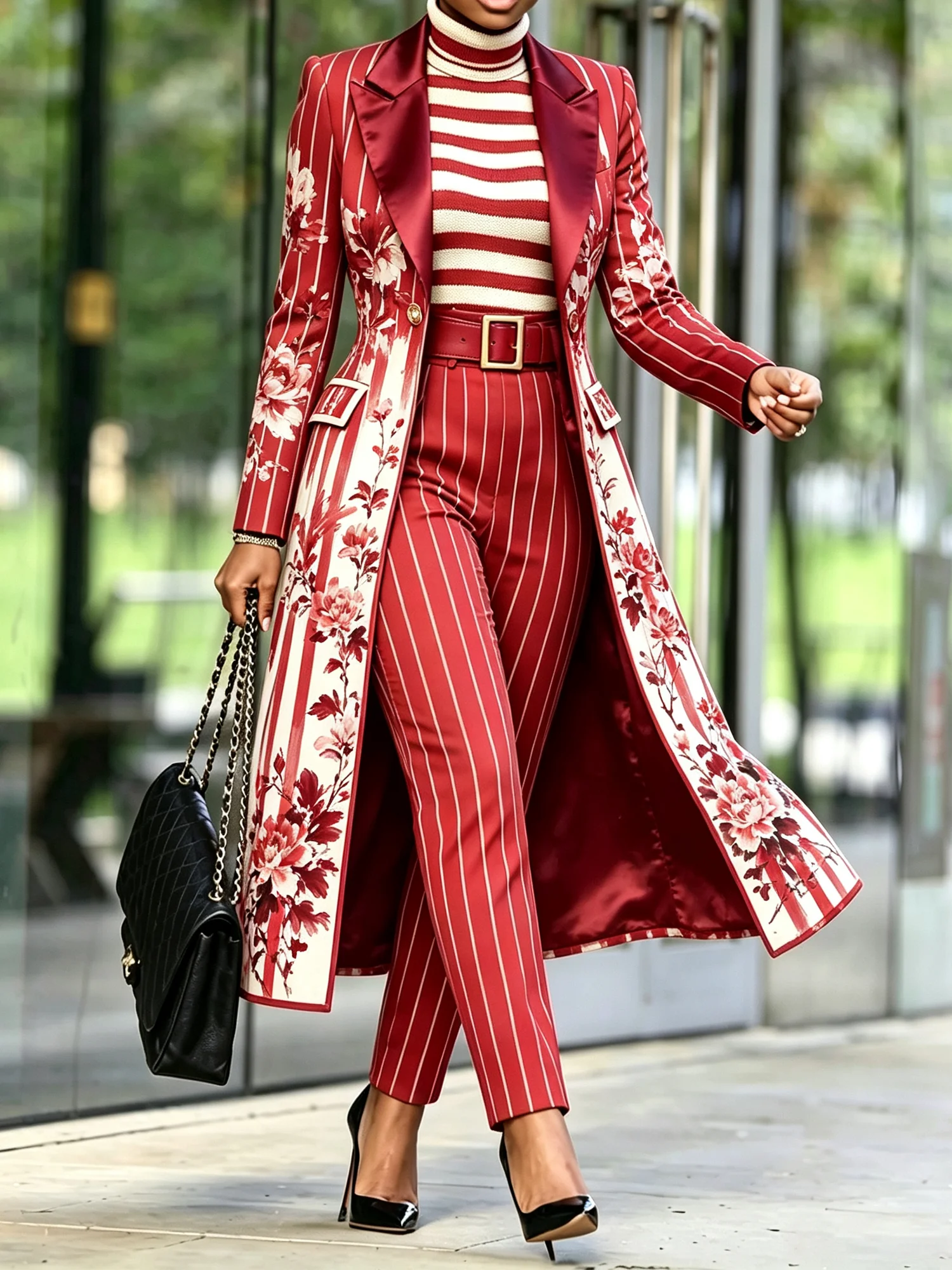 Urban Printing Striped Lapel Collar Long Blazer