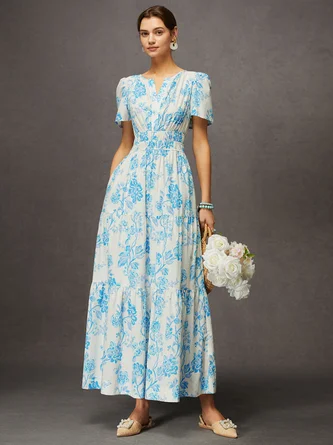 Vacation V-neck Floral Print Smocked Waist  Maxi Dress with Pocket