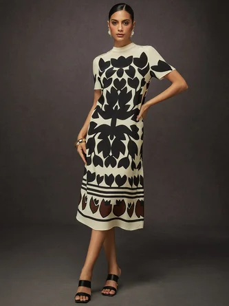 Casual Floral Printing Crew Neck Midi Dress