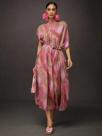 Vacation Random Print Printing Off The Shoulder Midi Dress With Belt