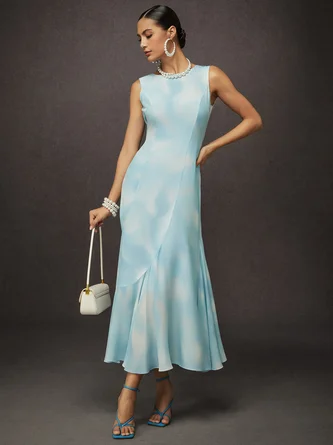 Elegant Random Print Printing Crew Neck Maxi Dress
