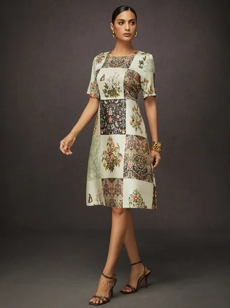 Casual Random Print Printing Crew Neck Knee Length Dress