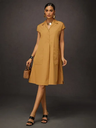 Cotton Casual Plain Lapel Collar Knee Length Dress