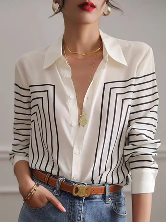 Striped Shirt Collar Urban Blouse