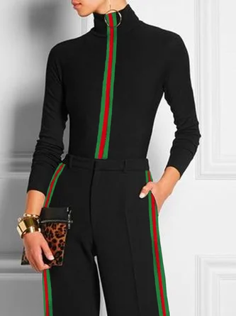 Turtleneck Tight Urban Color Block Long Sleeve T-Shirt