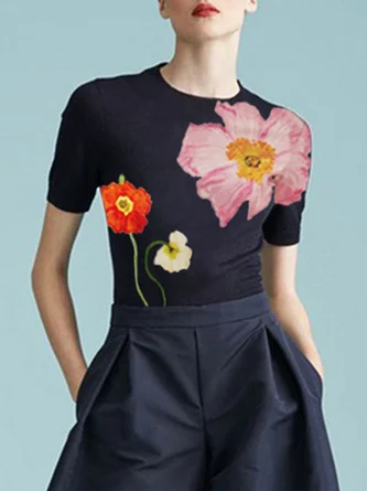 Plus Size Casual Regular Fit Crew Neck Floral T-Shirt