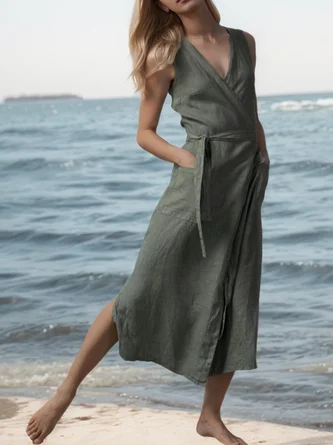STYLE WE x CHILLINEN |Linen V Neck Plain Linen Dress With No