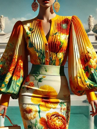 Romantic Balloon Sleeve Floral Elegant Shirt