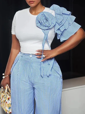 Casual Striped 3D Floral Crew Neck T-shirt