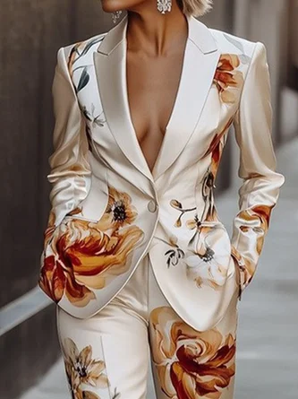 Plus Size Elegant Regular Sleeve Pocket Stitching Floral Lapel Collar Blazer