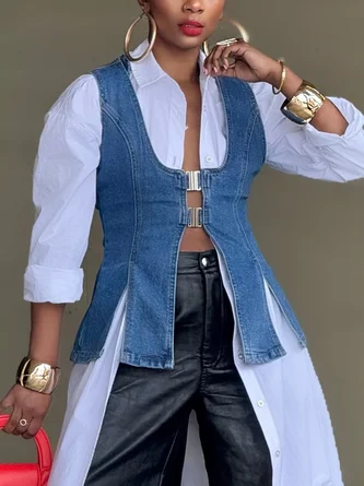 Casual Buckle U-Neck Denim Vest