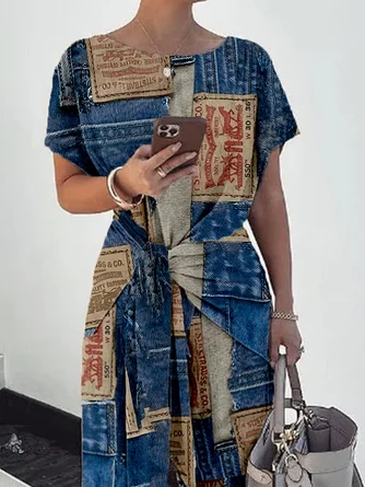 Plus Size Casual Denim Print Graphic Crew Neck Raglan Sleeve T-shirt