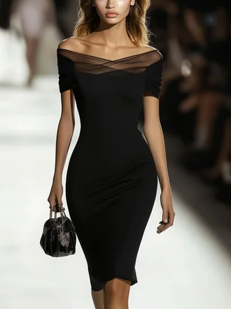 Elegant Plain Mesh Split Joint Cold Shoulder Knee Length Dress