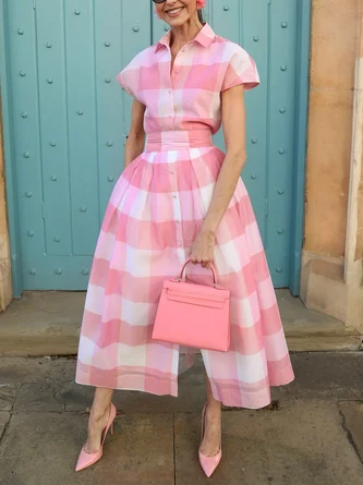 Casual Plaid Printing Raglan Sleeve Shirt Collar Midi Dress With Belt