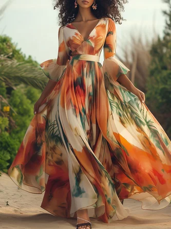 Vacation Floral Printing V Neck Maxi Dress