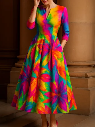 Elegant Random Print Printing Notched Midi Dress