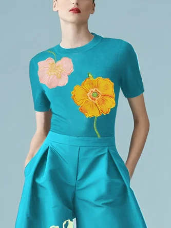 Jersey Urban Floral Printing Crew Neck T-shirt