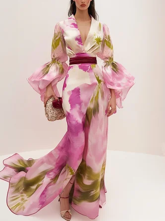 Elegant Ruffle Sleeve Printing V Neck Maxi Dress