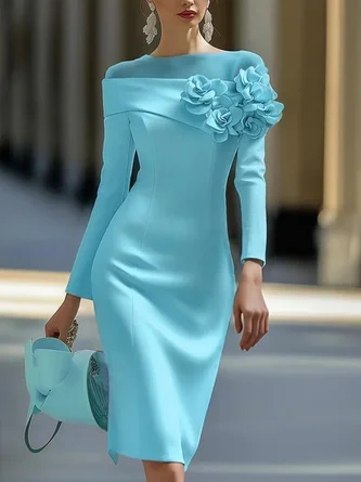 Plus Size Elegant Plain 3D Floral Crew Neck Knee Length Dress