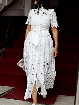 Elegant Floral Lace Midi Dress With Belt