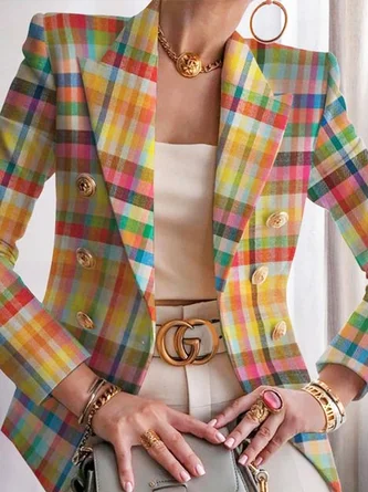  Urban Pastel Plaid Buttoned  Lapel Collar Blazer