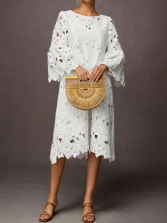 Plain Vacation Crew Neck Three Quarter Loose Skirt Dress