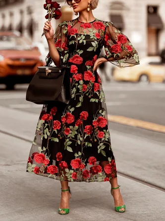 Elegant Floral Embroidery Crew Neck Midi Party Dress