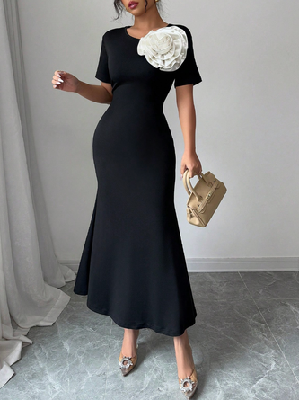Elegant Color Block 3D Floral Midi Dress
