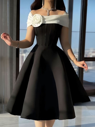 Elegant Color Block 3D Floral Knee Length Dress
