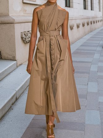 Urban Plain Irregular Craftsmanship Halter Maxi Dress With Belt