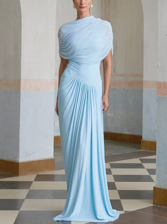 Elegant Plain Gathered Mock Neck Maxi Dress
