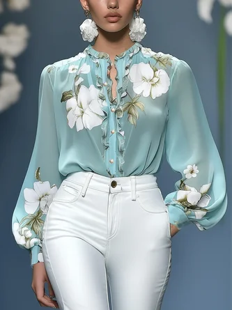Elegant Floral Printing Stand Collar Balloon Sleeve Shirt