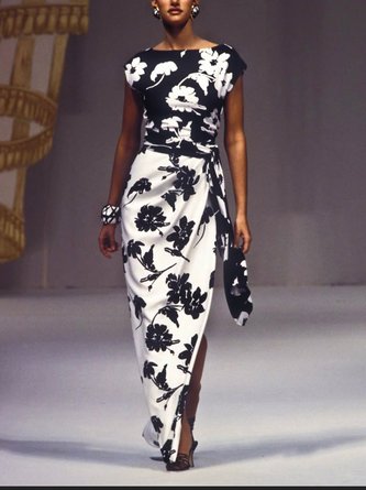 Elegant Floral Raglan Sleeve Side-Slit Boat Neck Maxi Party Dress