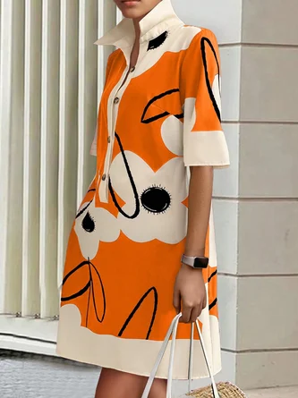 Casual Floral Printing Shirt Collar Mini Dress