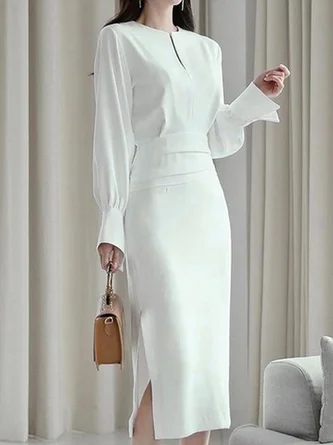 Urban Plain Loose Notched Neck Dress
