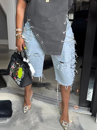 Plain Casual Denim Shorts