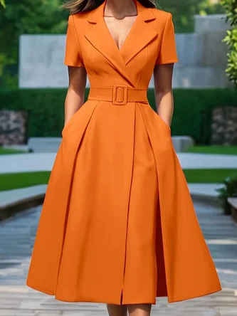 Elegant Plain Lapel Collar Midi Dress With Belt