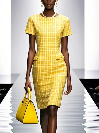 Urban Plaid Printing Crew Neck Knee Length Dress