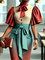 Elegant Color Block Split Joint Stand Collar Puff Sleeve Shirt
