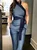 Elegant Color Block Asymmetrical Faux Denim Top With Belt