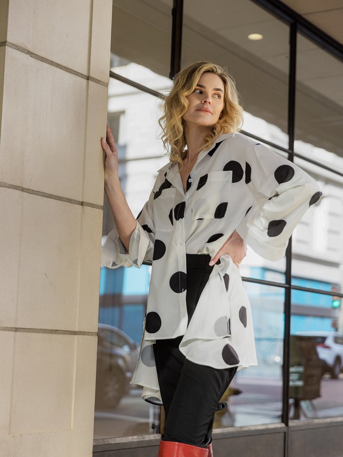 Shirt Collar Polka Dots Shift Elegant Top