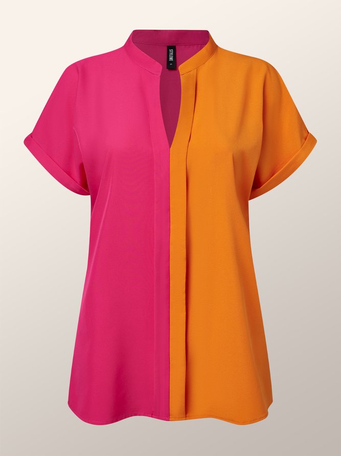 Urban Loose Color Block Stand Collar  Blouse