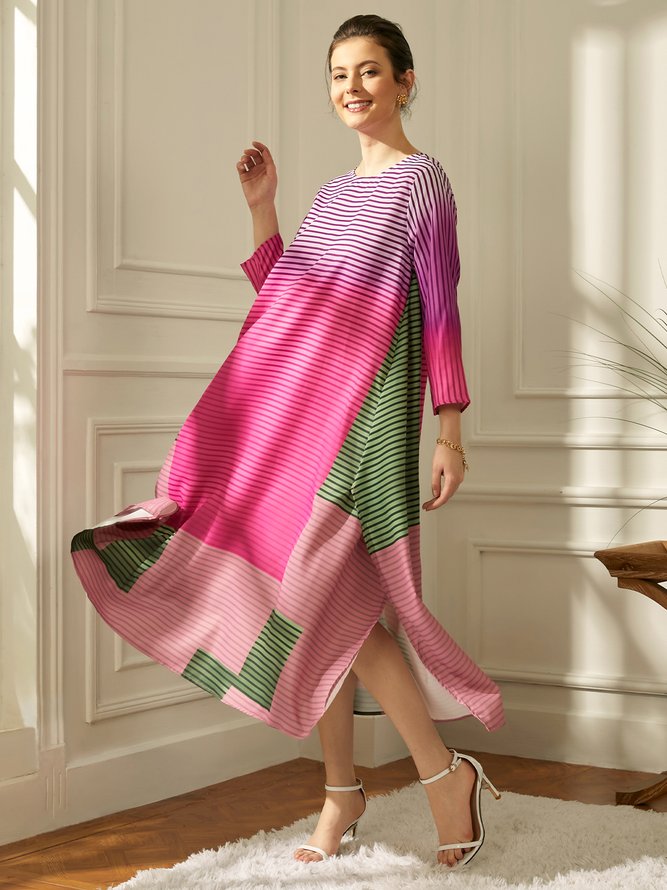 Crew Neck Three Quarter Striped Printed Dress Dresses Stylewe A