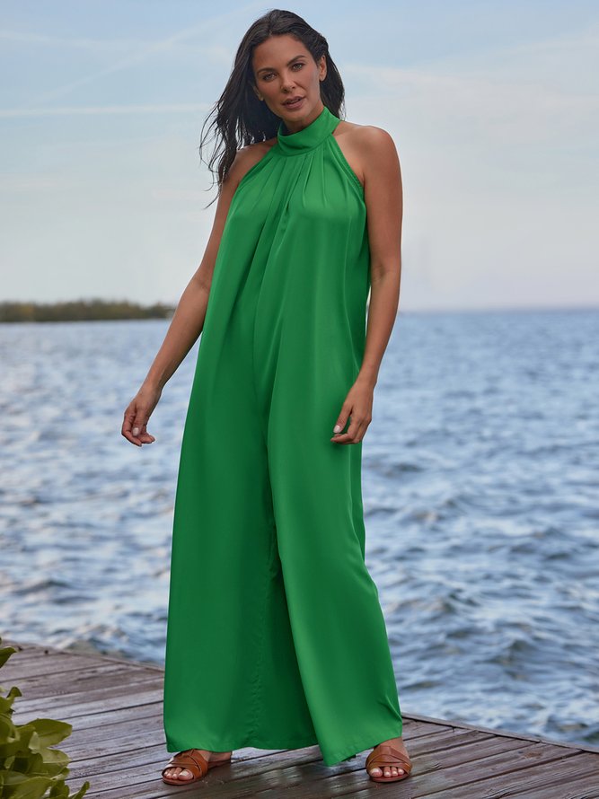 Sleeveless Halter Solid Casual Jumpsuit