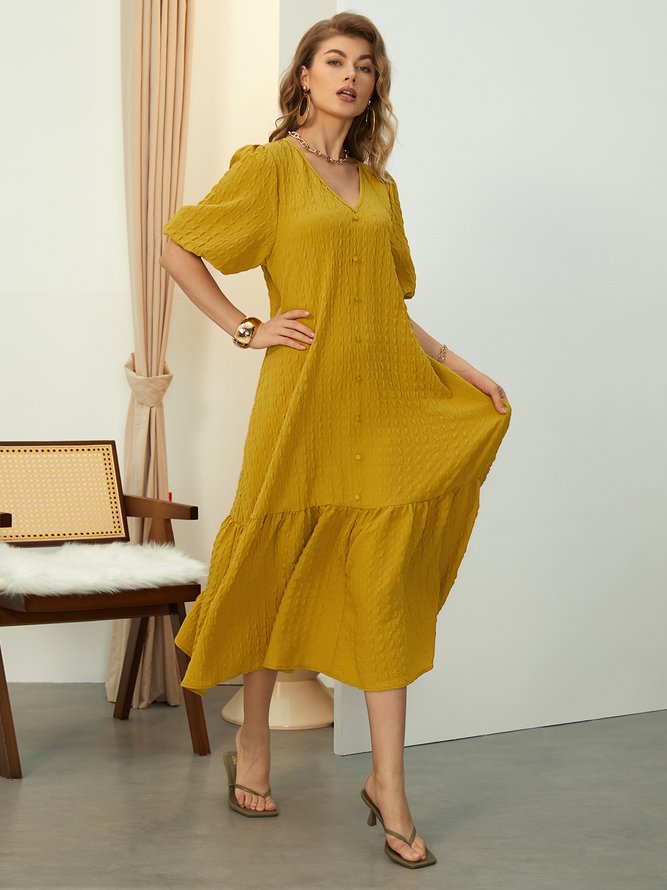 Loose Vacation V neck Short sleeve Plain Long Dress