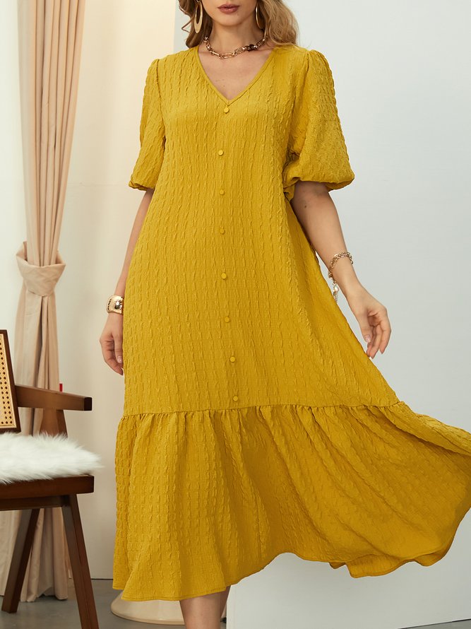 Loose Vacation V neck Short sleeve Plain Long Dress