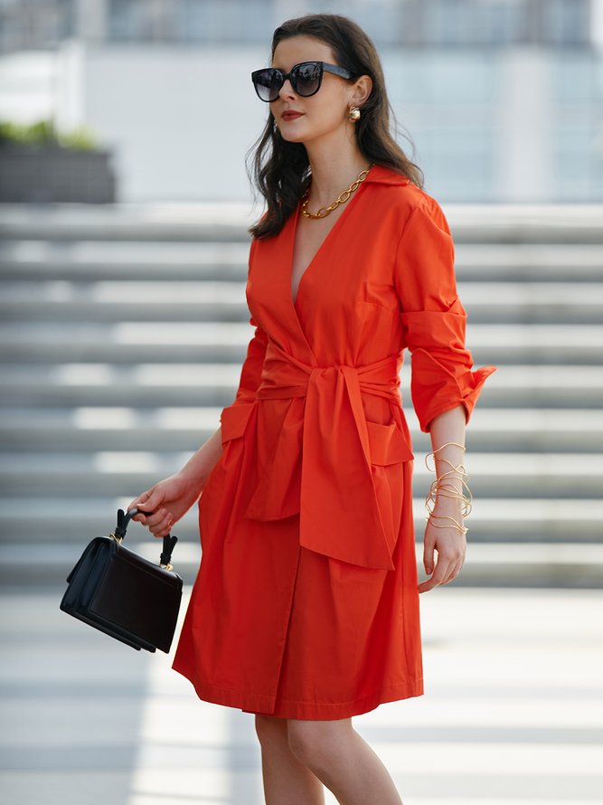 Regular Fit Plain Elegant Pockets Shirt Dress