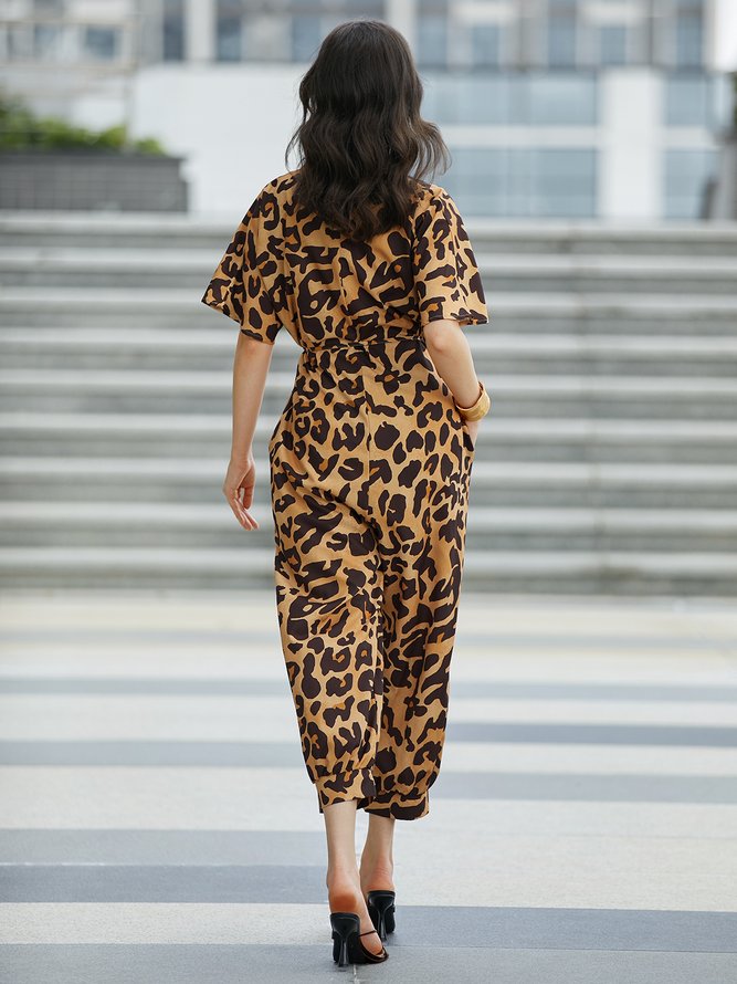 Casual Leopard Regular Fit Shawl Collar Jumpsuit