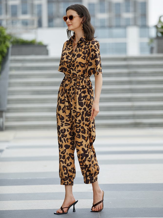 Casual Leopard Regular Fit Shawl Collar Jumpsuit