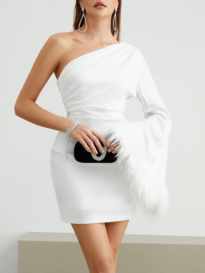 Feather-Trimmed Elegant One Shoulder Party Dress